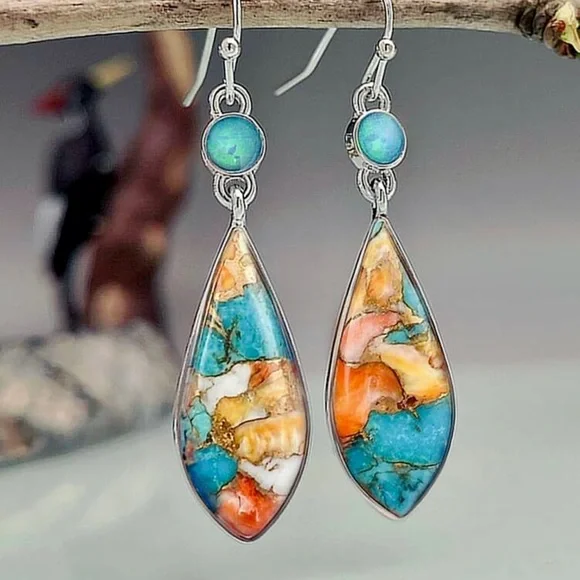 Geometric drop earrings with multicolor stone. - Picture 3 of 3